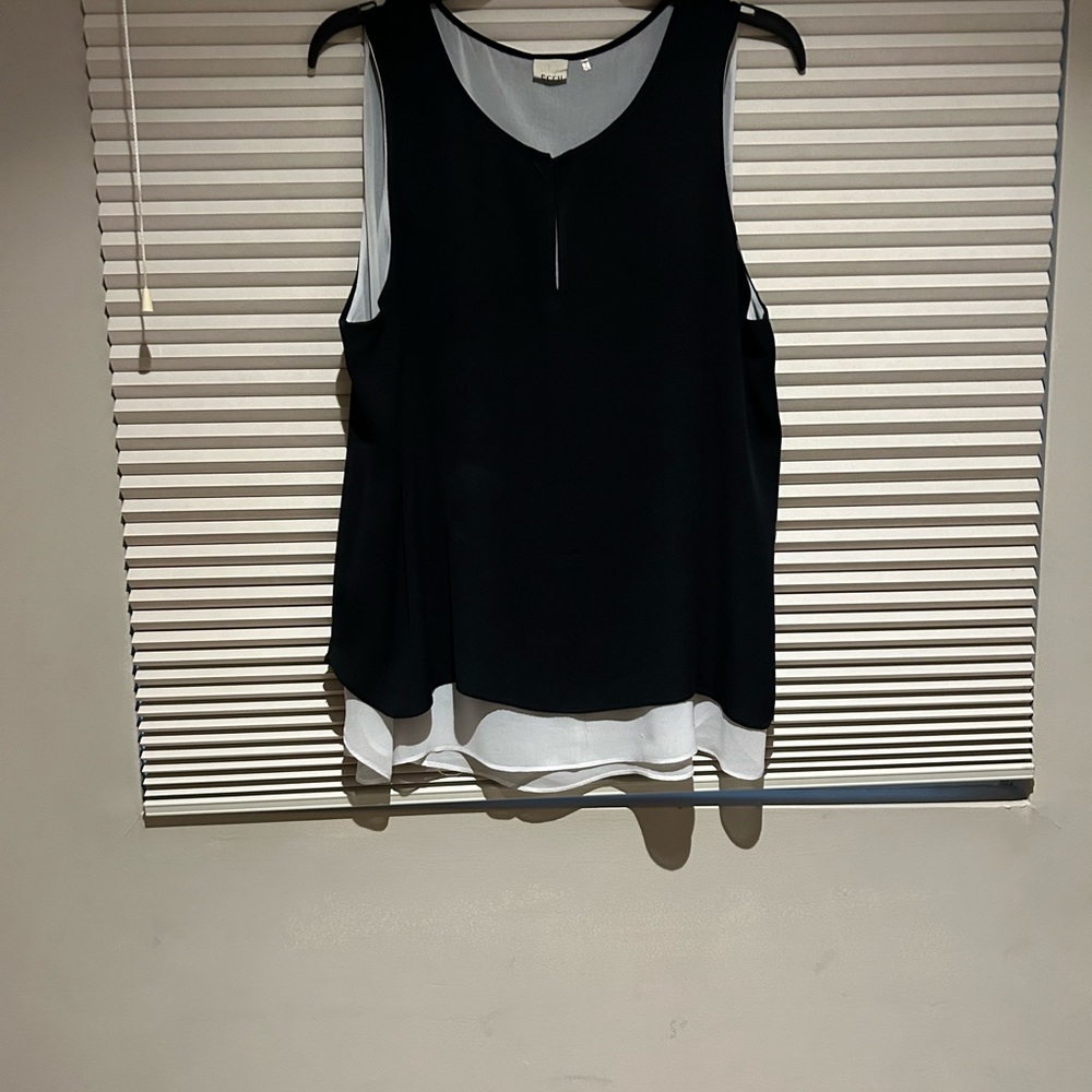 Ecru sleeveless blouse.
